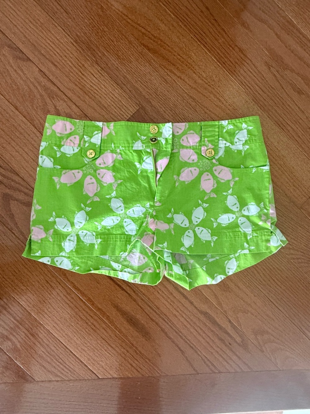 Lilly Pulitzer Lime Green Shorts with Pink & White Fish Print